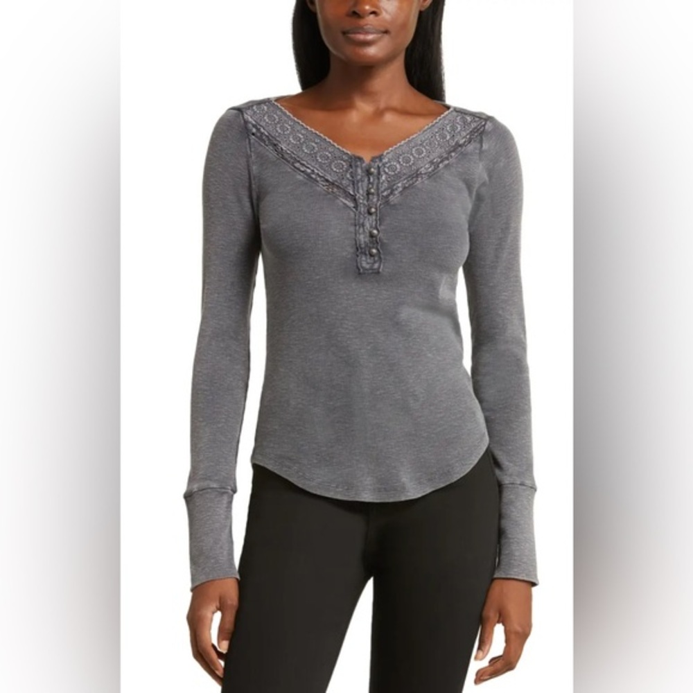 Lucky brand gray Lace Detail Cotton Rib Henley Top size small boho y2k